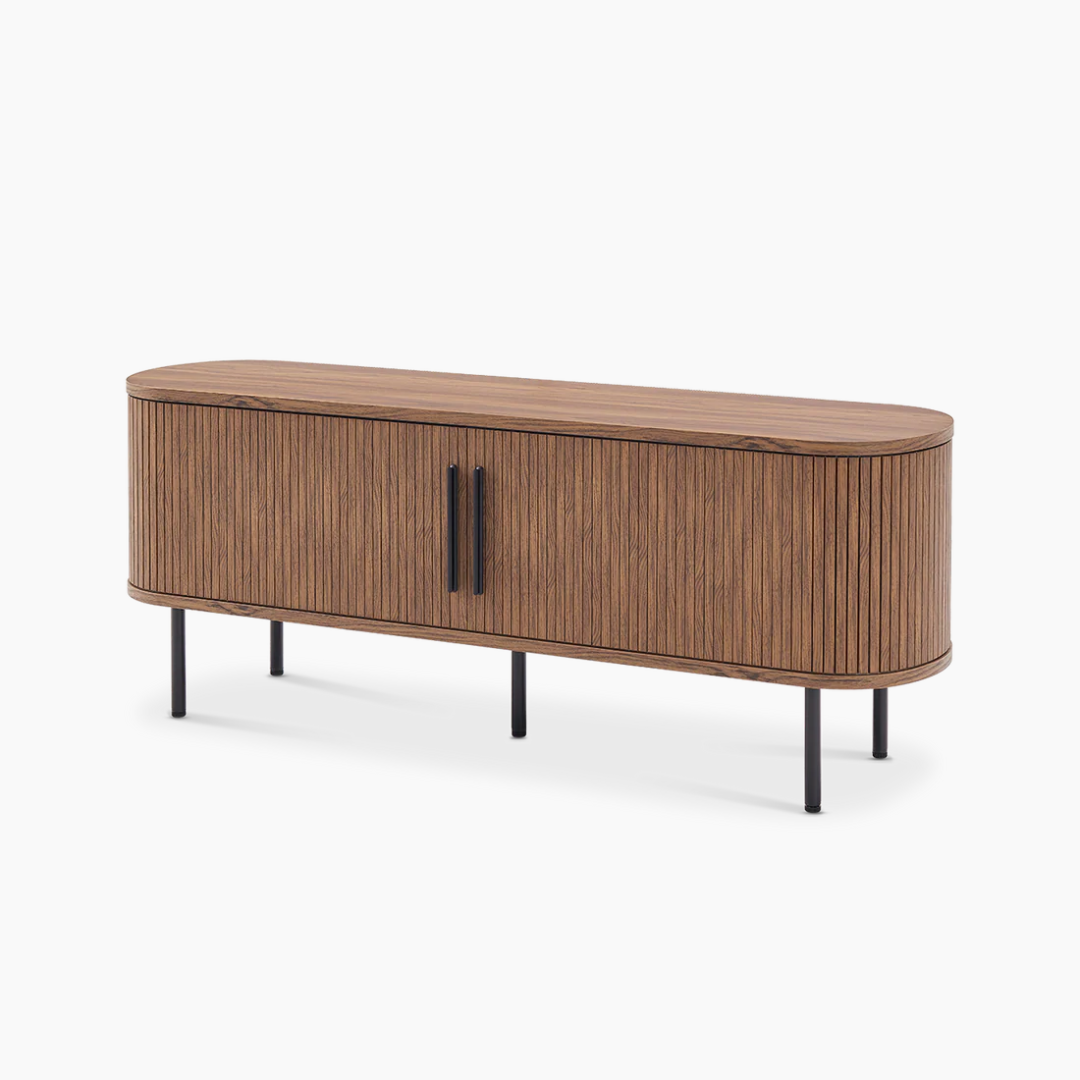 Dark Walnut Sideboard With Black Metal Legs with two doors and black handles on a white background