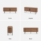 Wooden sideboard shown from front, angled, side, and back perspectives on a white background.
