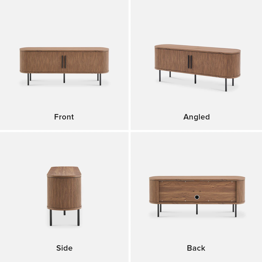 Wooden sideboard shown from front, angled, side, and back perspectives on a white background.