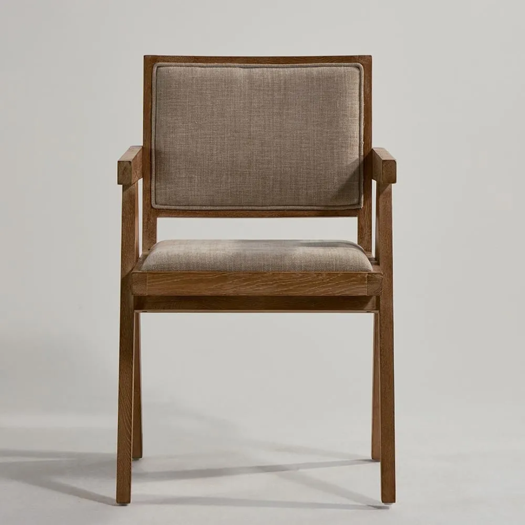 Teak Wood Linen Dining Chair With Arms front view on a white background