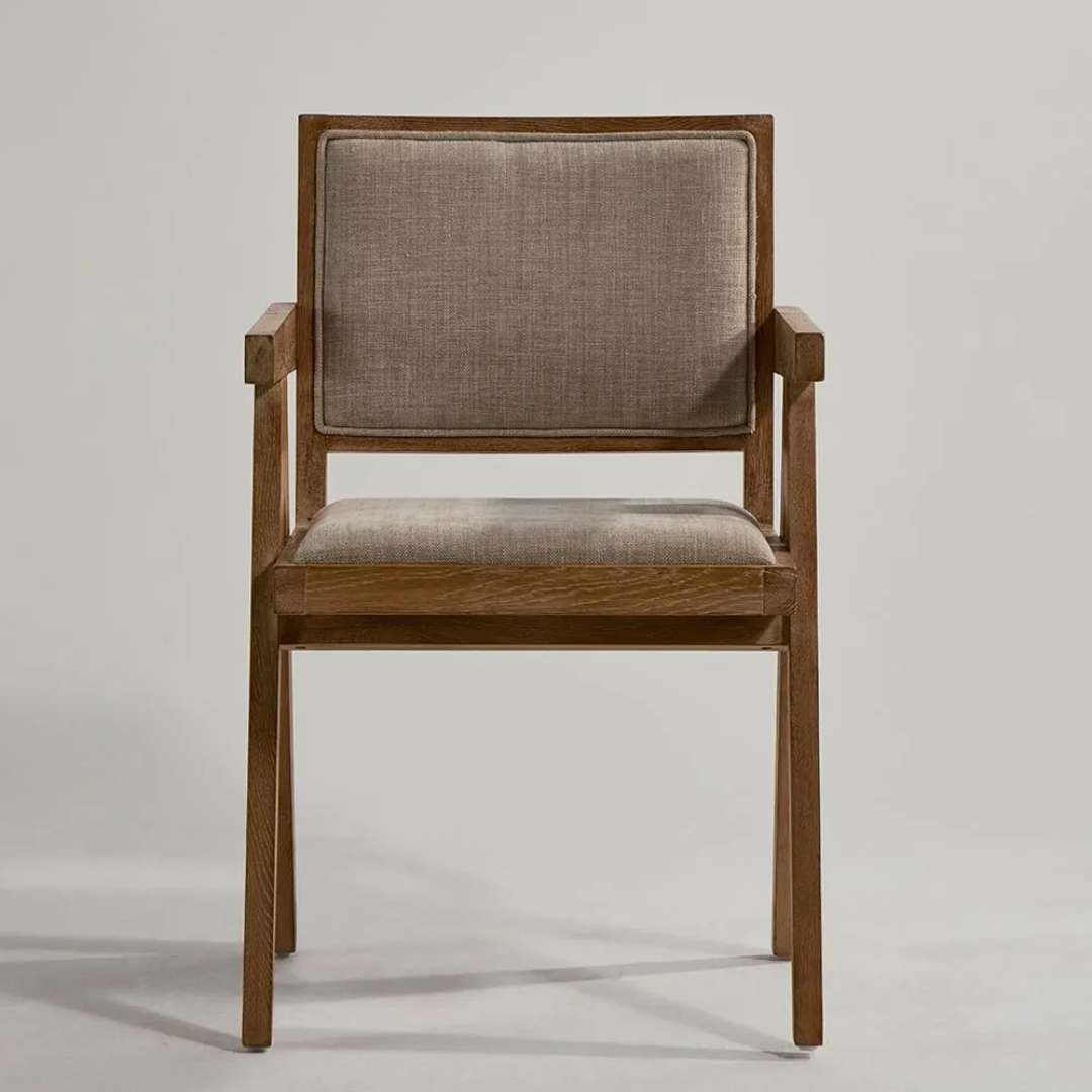 Teak Wood Linen Dining Chair With Arms front view on a white background