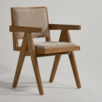 Teak Wood Linen Dining Chair With Arms side view left side on a white background