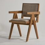 Teak Wood Linen Dining Chair With Arms side view right side on a white background