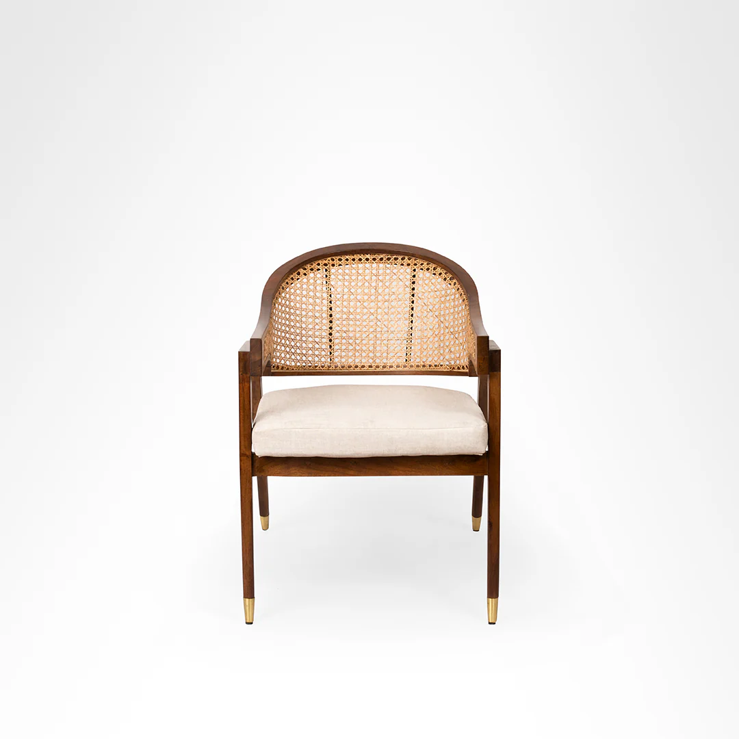 Rattan Wood And Boucle Dining Chair With Arms on a white background back view