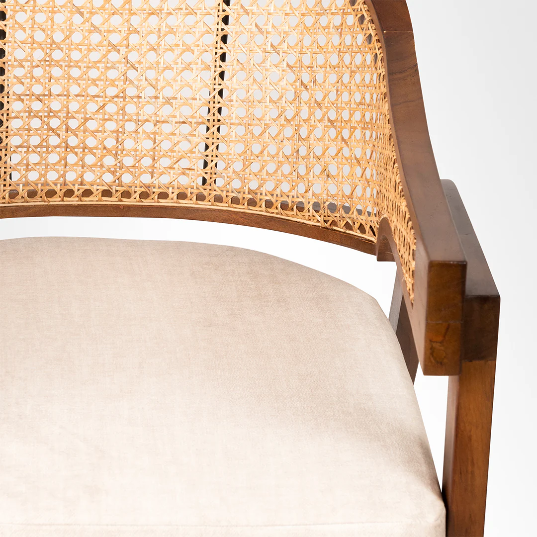 Alessio Rattan Wood And Boucle Dining Chair With Arms