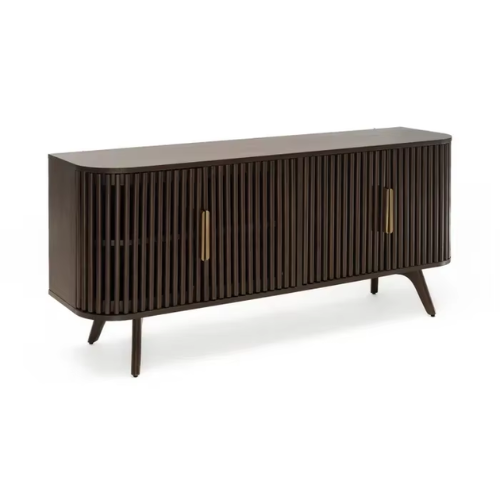 Wooden sideboard with slatted design and gold handles on a white background