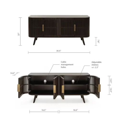 Wooden sideboard with dimensions and features labeled on a white background