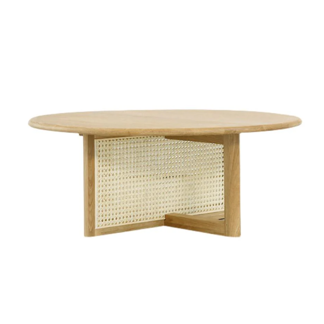 Rattan Round Coffee Table with woven backrest on a white background