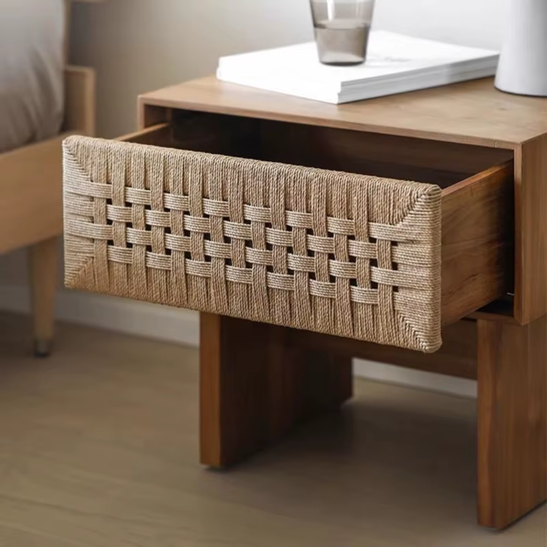 Amelia Dark Wood Woven Bedside Table with Rope Drawer Front