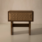 Dark Wood Woven Bedside Table against a beige background
