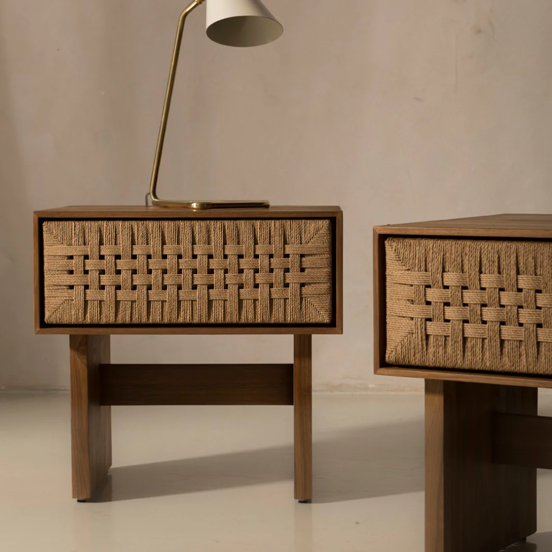 Dark Wood Woven Bedside Table front view 