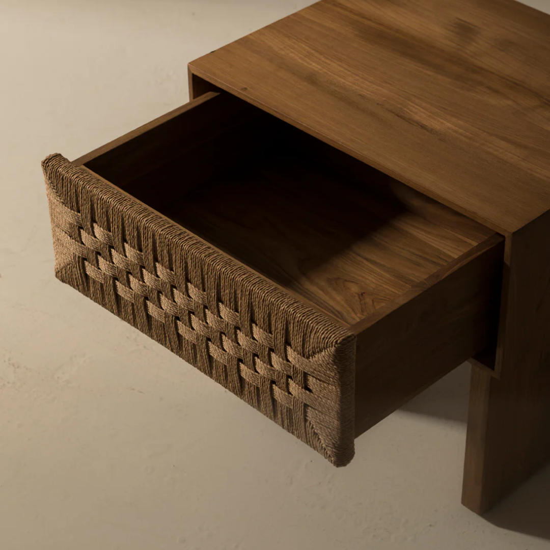 Dark Wood Woven Bedside Table open drawer view behind a beige background