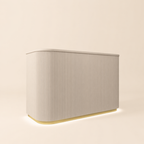 curved fluted wood reception desk with rounded edge design and vertical panel detailing in neutral tone