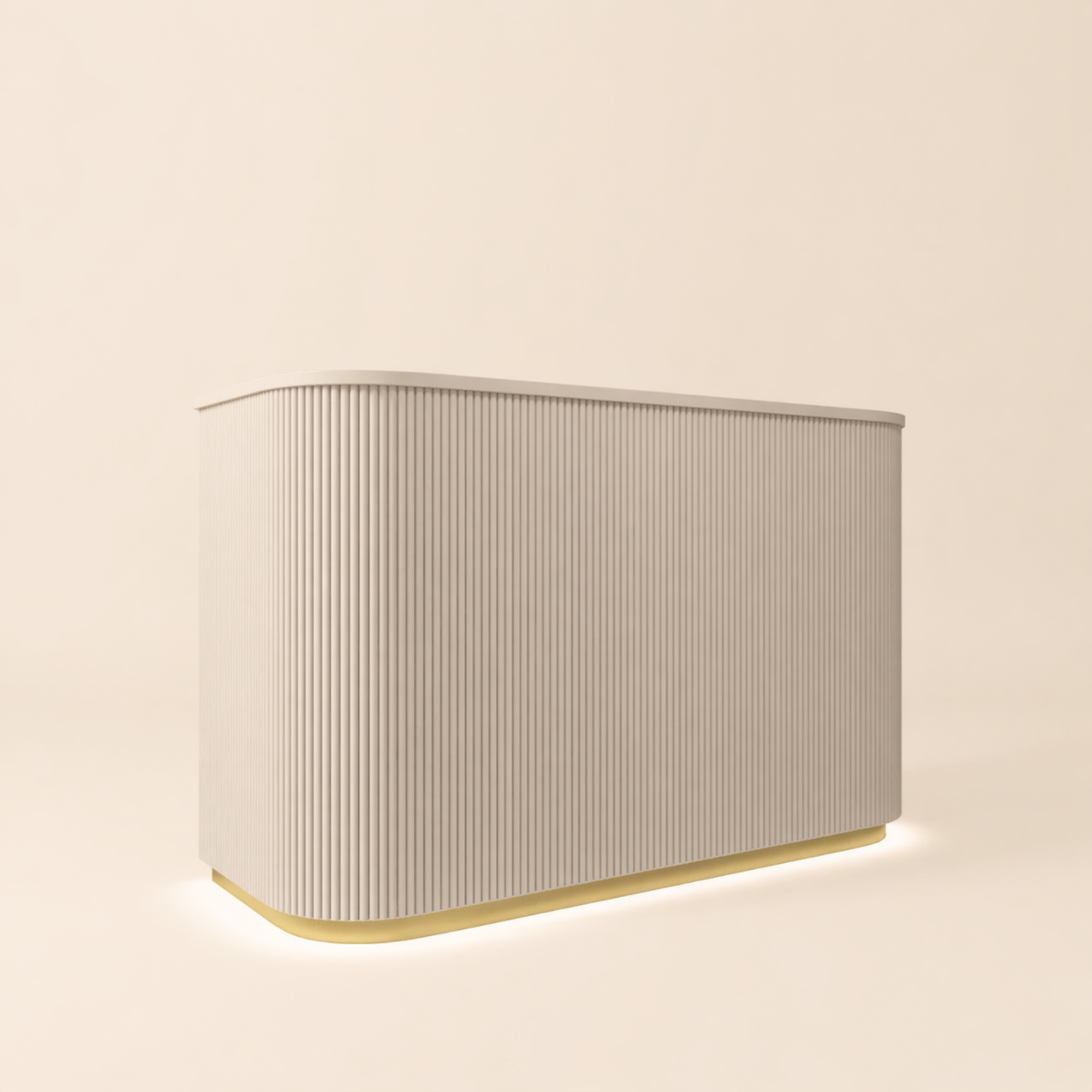 curved fluted wood reception desk with rounded edge design and vertical panel detailing in neutral tone