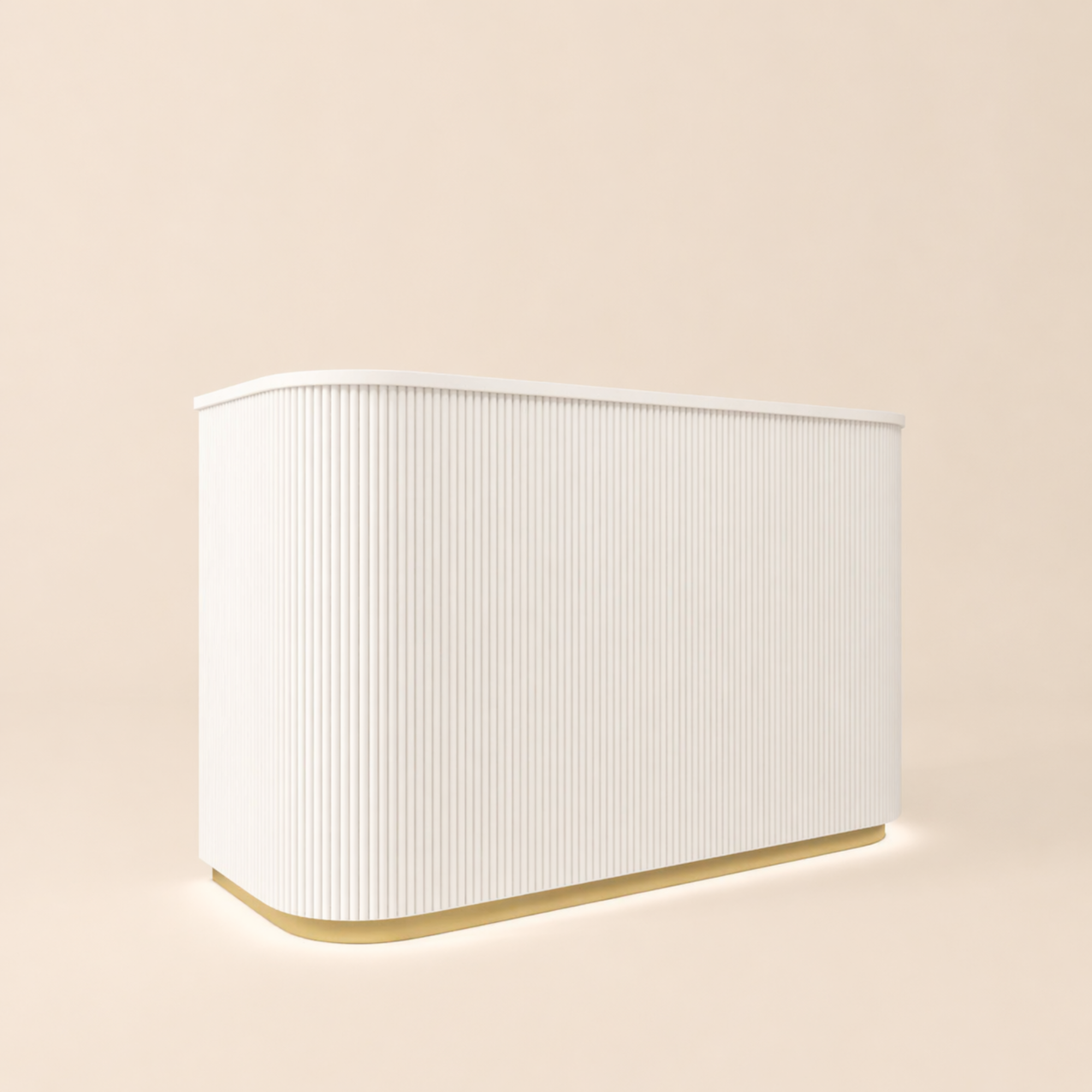 white small beauty salon reception desk in cream finish with curved fluted wood front and minimalist design
