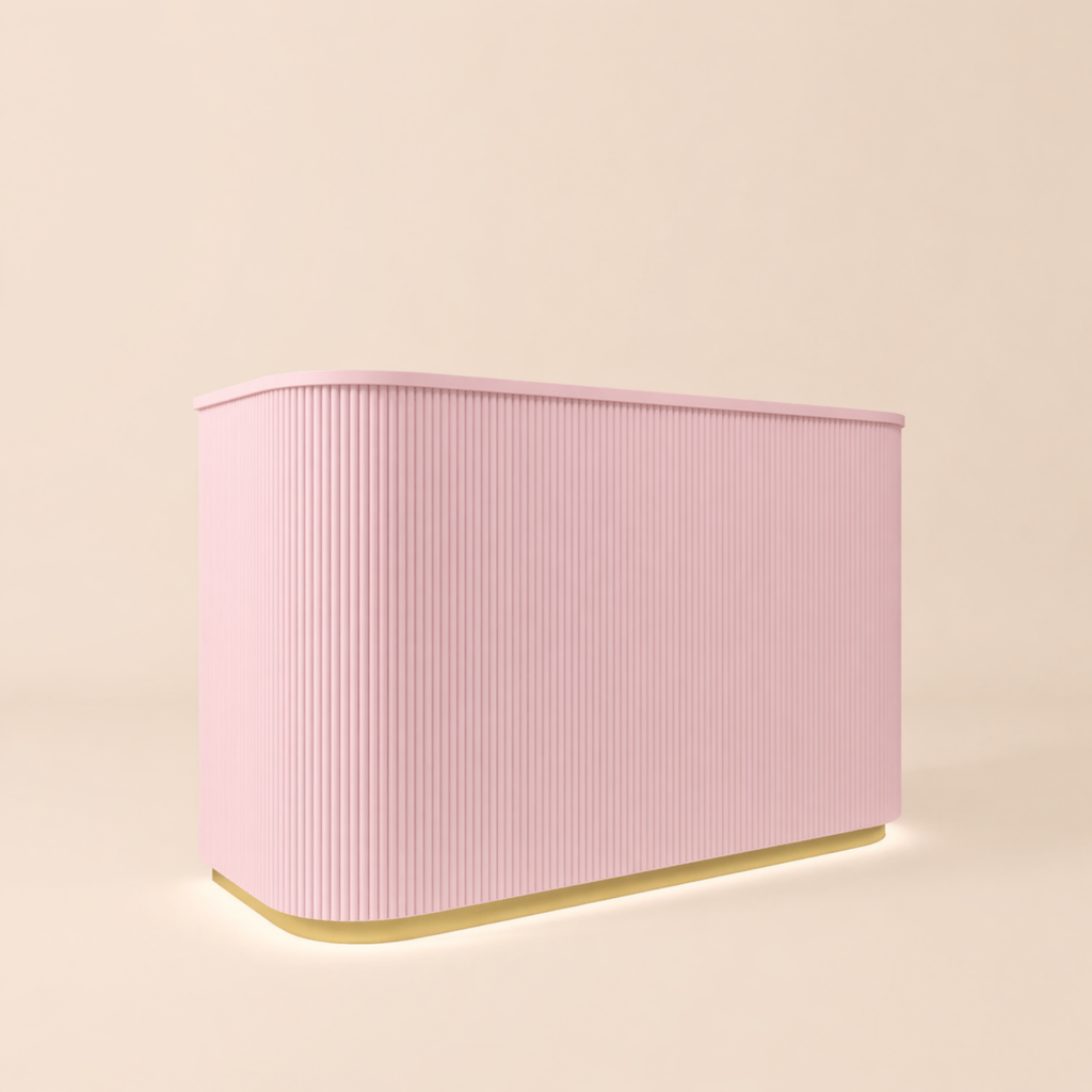 curved fluted wood small reception desk in soft pink finish for modern beauty salon interiors