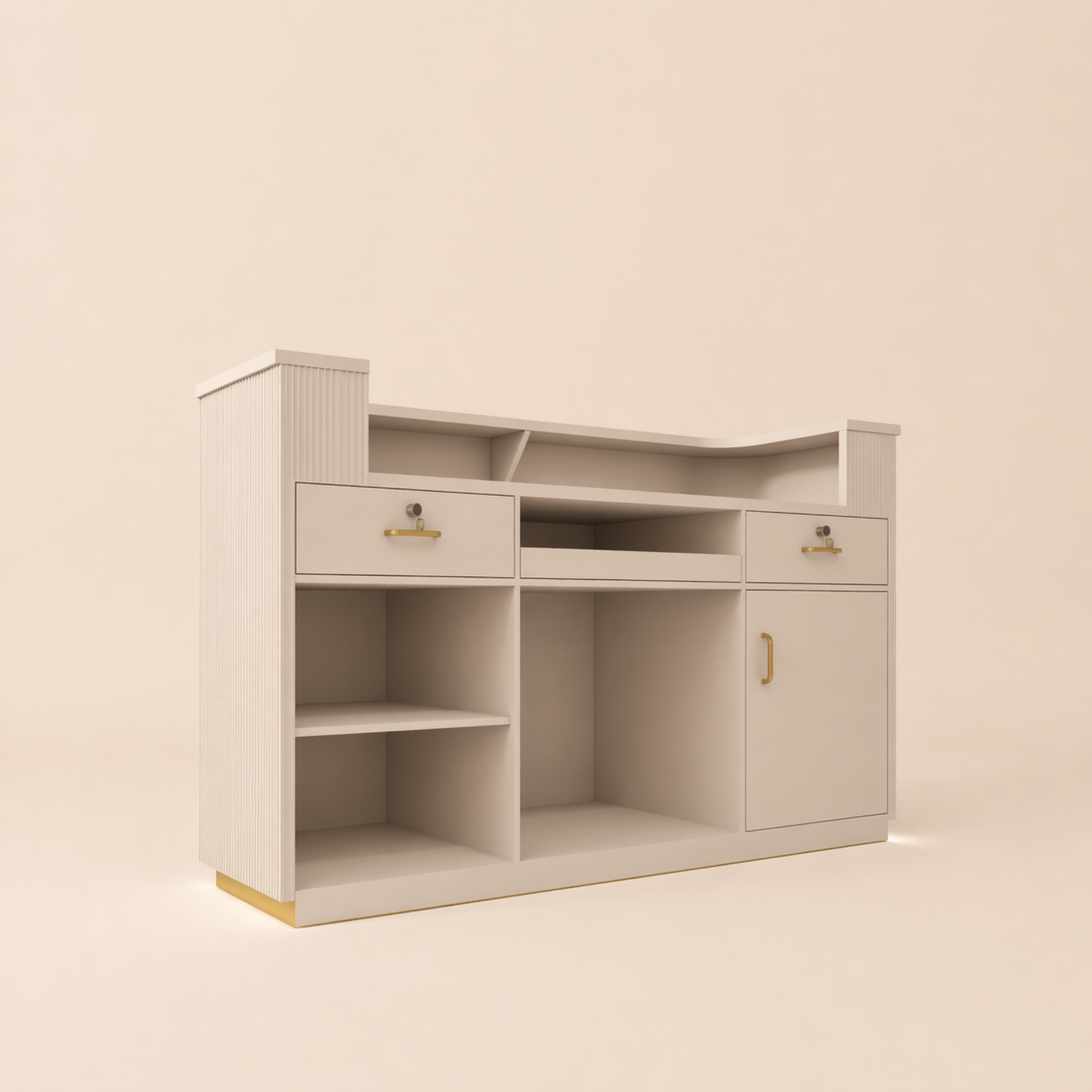 small beauty salon reception desk with built-in drawers, shelving and internal storage compartments