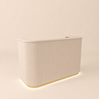 curved fluted wood small beauty salon reception desk in neutral beige with soft rounded corners and gold base