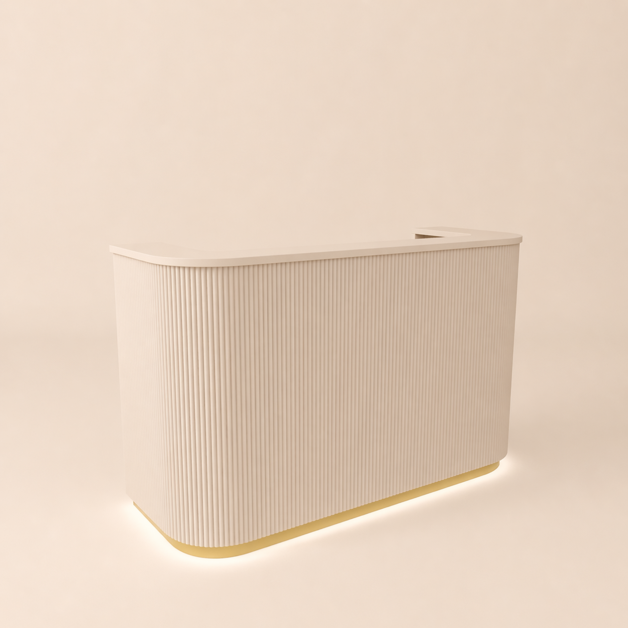 curved fluted wood small beauty salon reception desk in neutral beige with soft rounded corners and gold base