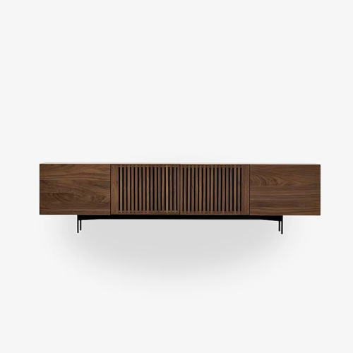 Wooden sideboard with slatted design on a white background