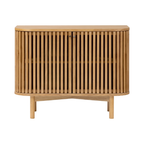 Wooden sideboard with slatted design on a white background