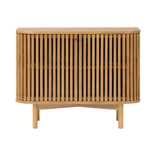 Wooden sideboard with slatted design on a white background