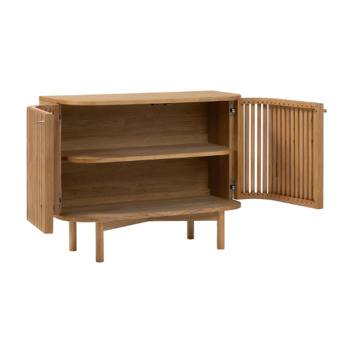 Wooden sideboard with open doors on a white background