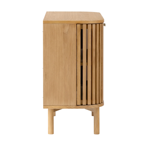 Wooden sideboard with a slatted design on a white background side view