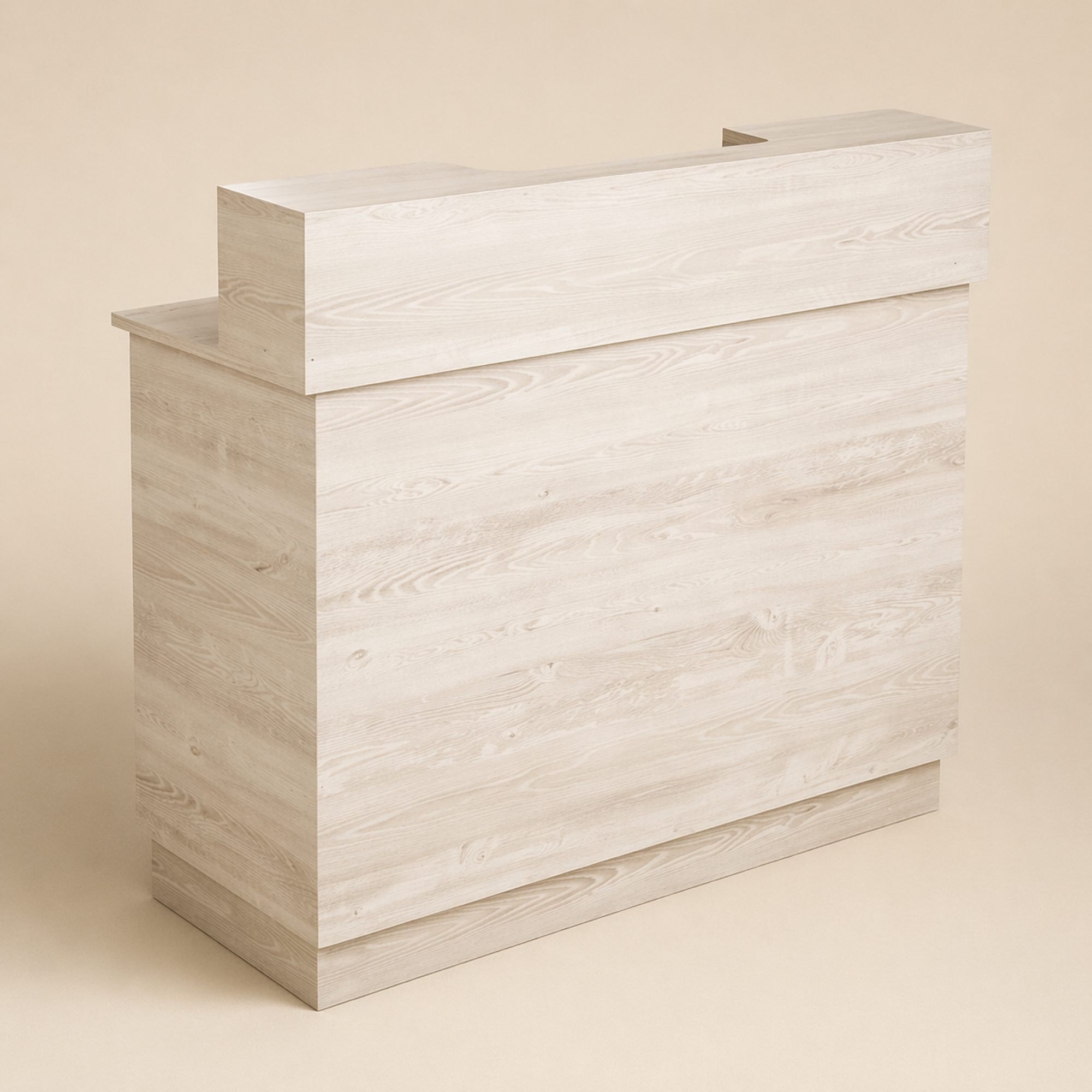 small reception desk in light oak wood finish with smooth front panel design for salon interiors