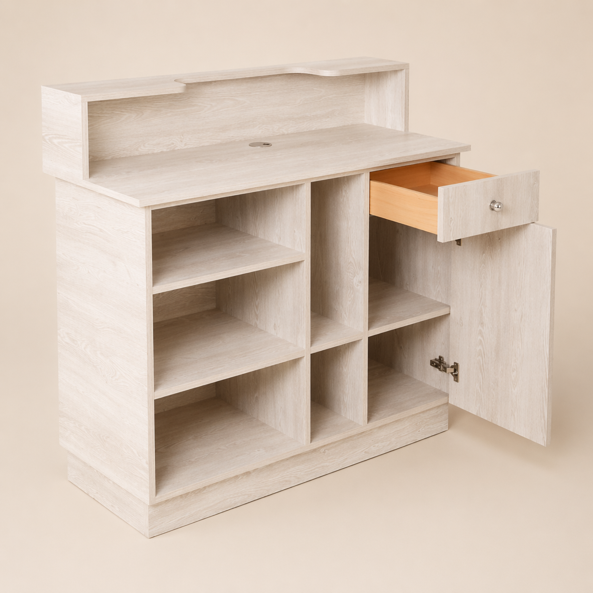 light wood beauty salon reception desk with open drawer, cabinet door and built-in shelving storage