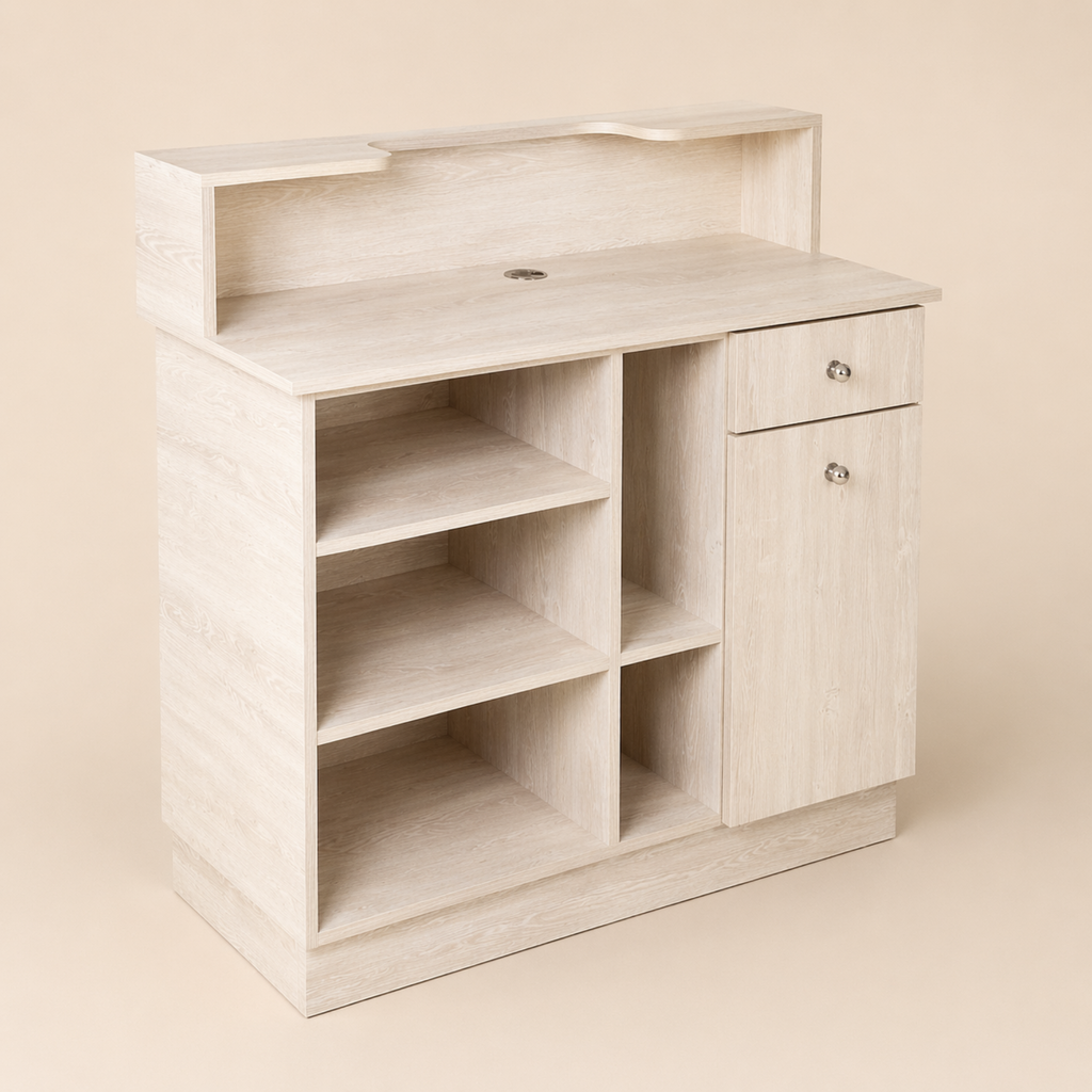 modern light wood reception desk with built-in storage compartments and clean minimalist design