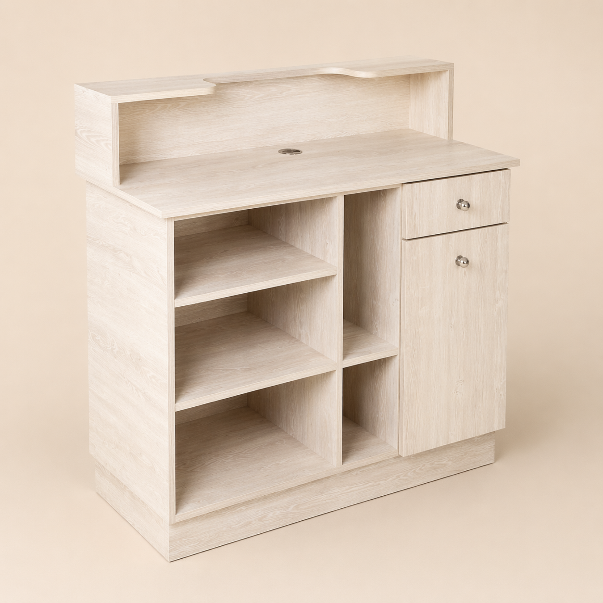 modern light wood reception desk with built-in storage compartments and clean minimalist design