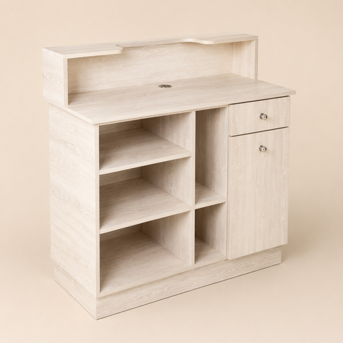modern light wood reception desk with built-in storage compartments and clean minimalist design