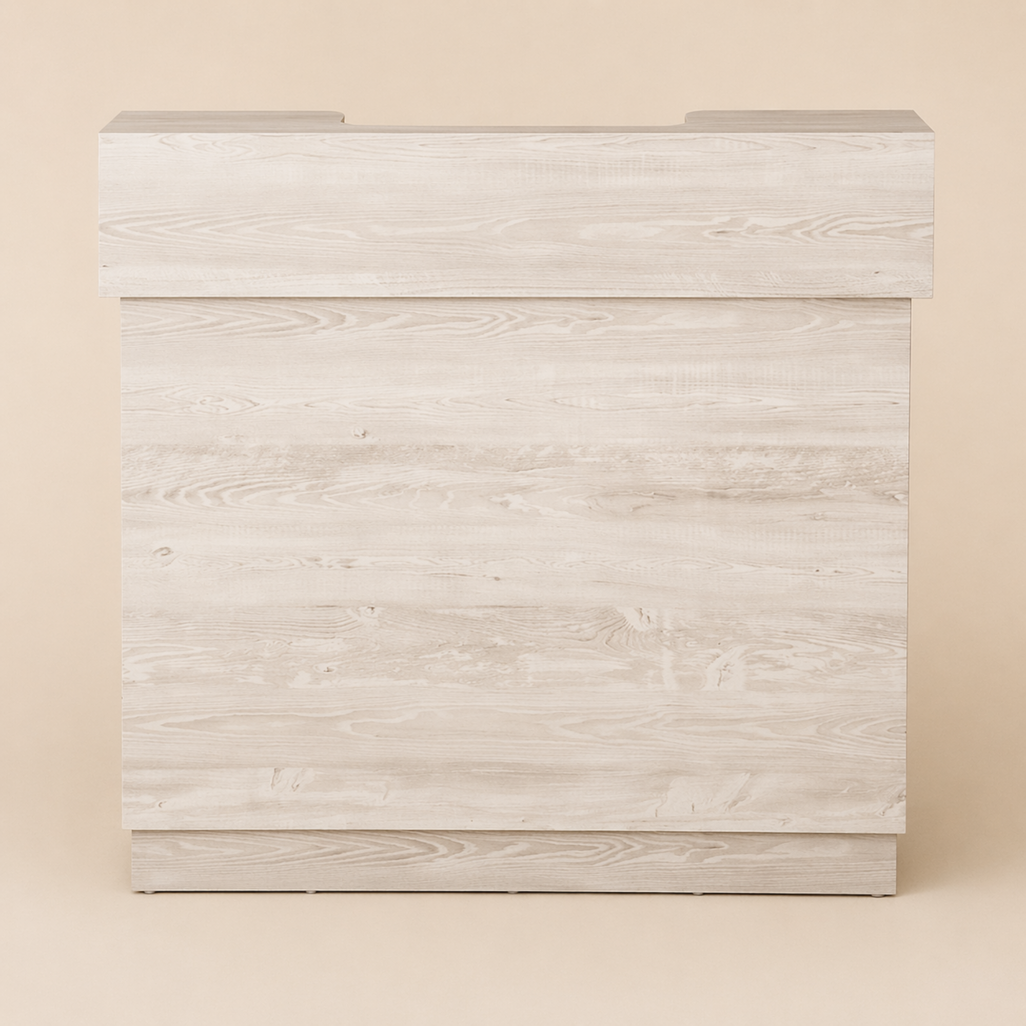light wood reception desk showing rear panel design and raised counter for workspace functionality
