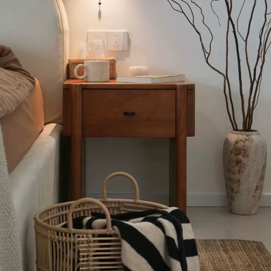 Dark Wooden Bedside Table  in a cosy beige bedroom 