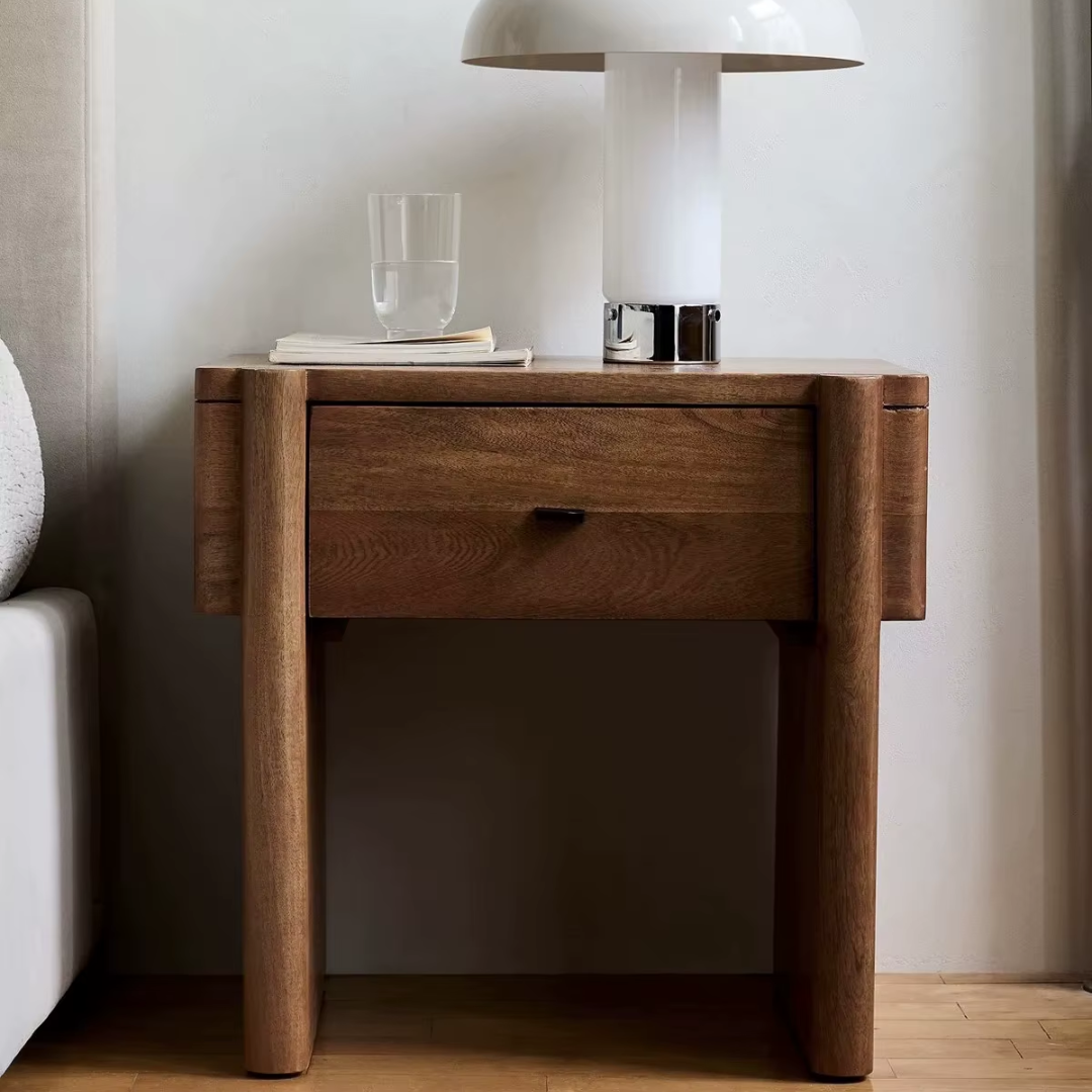 Dark Wooden Bedside Table  in a mid century bedroom