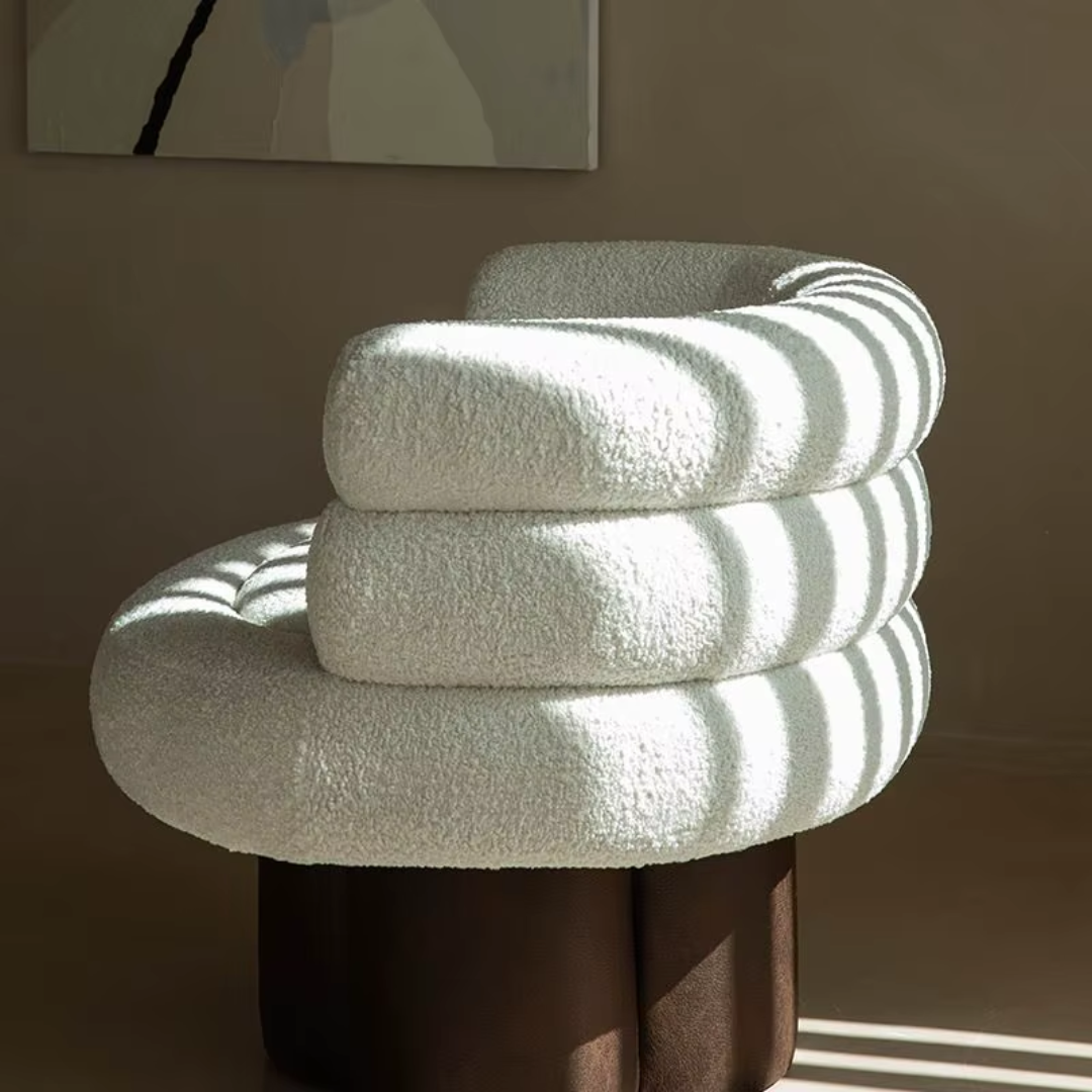White Curved Swivel Boucle Accent Chair side view