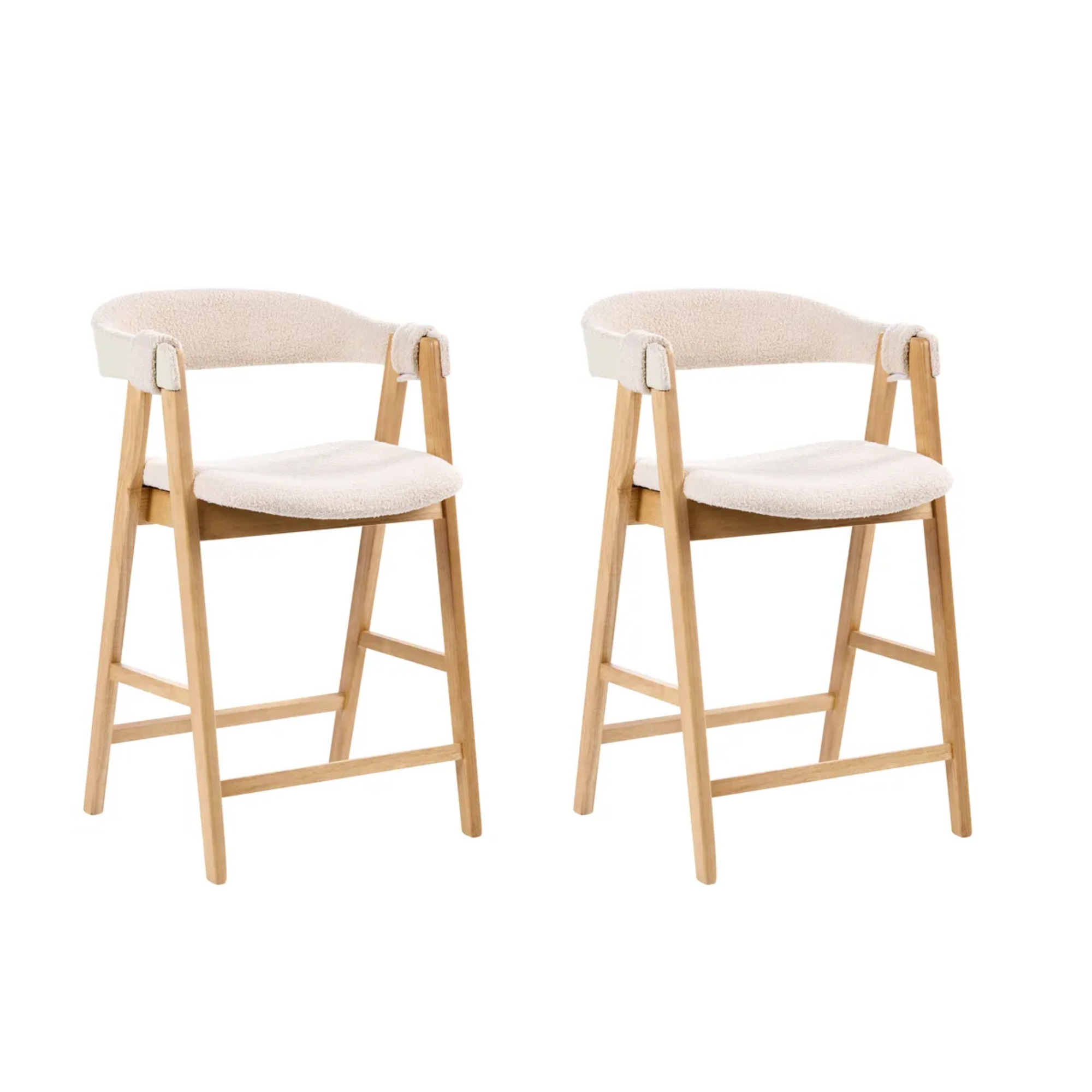 Two matching wooden bar stools with cream upholstered seats and curved backrests, shown side by side on a plain white background.