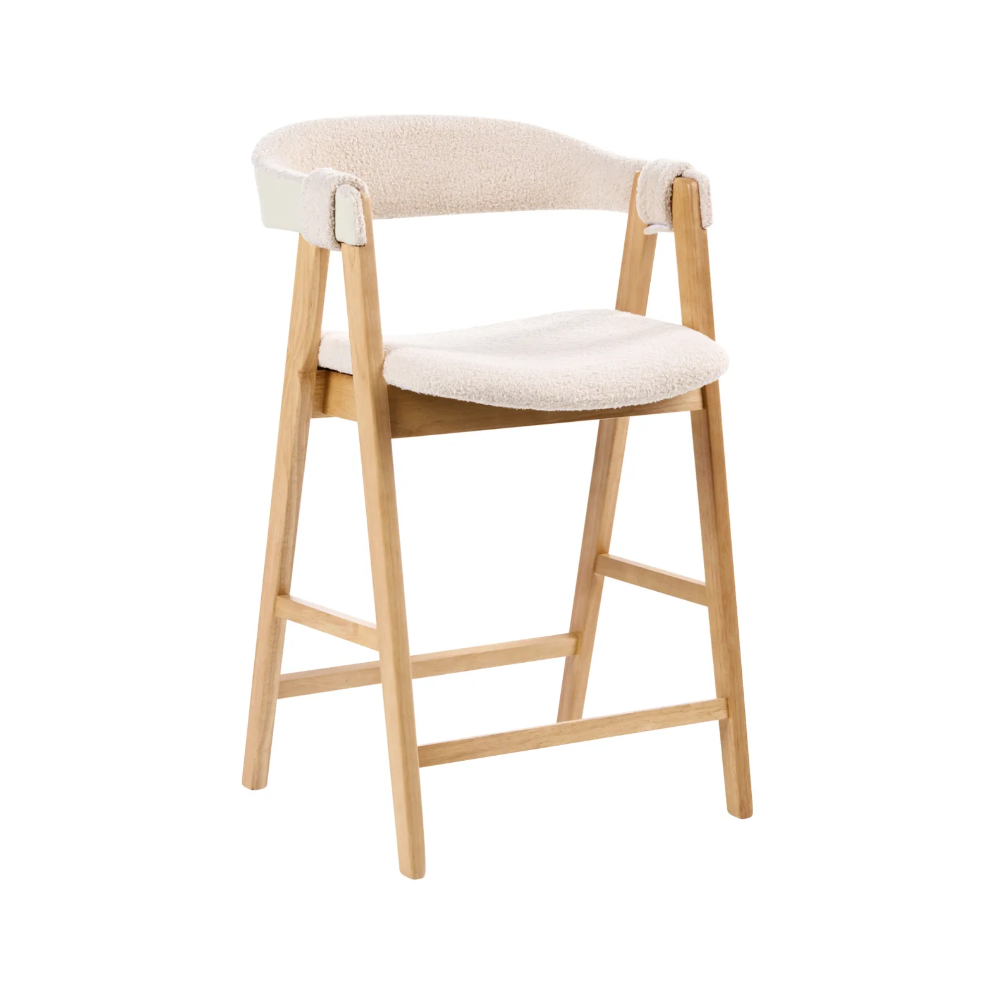 A modern wooden dining chair with a curved backrest and seat cushion upholstered in a textured cream bouclé fabric, set against a plain white background.