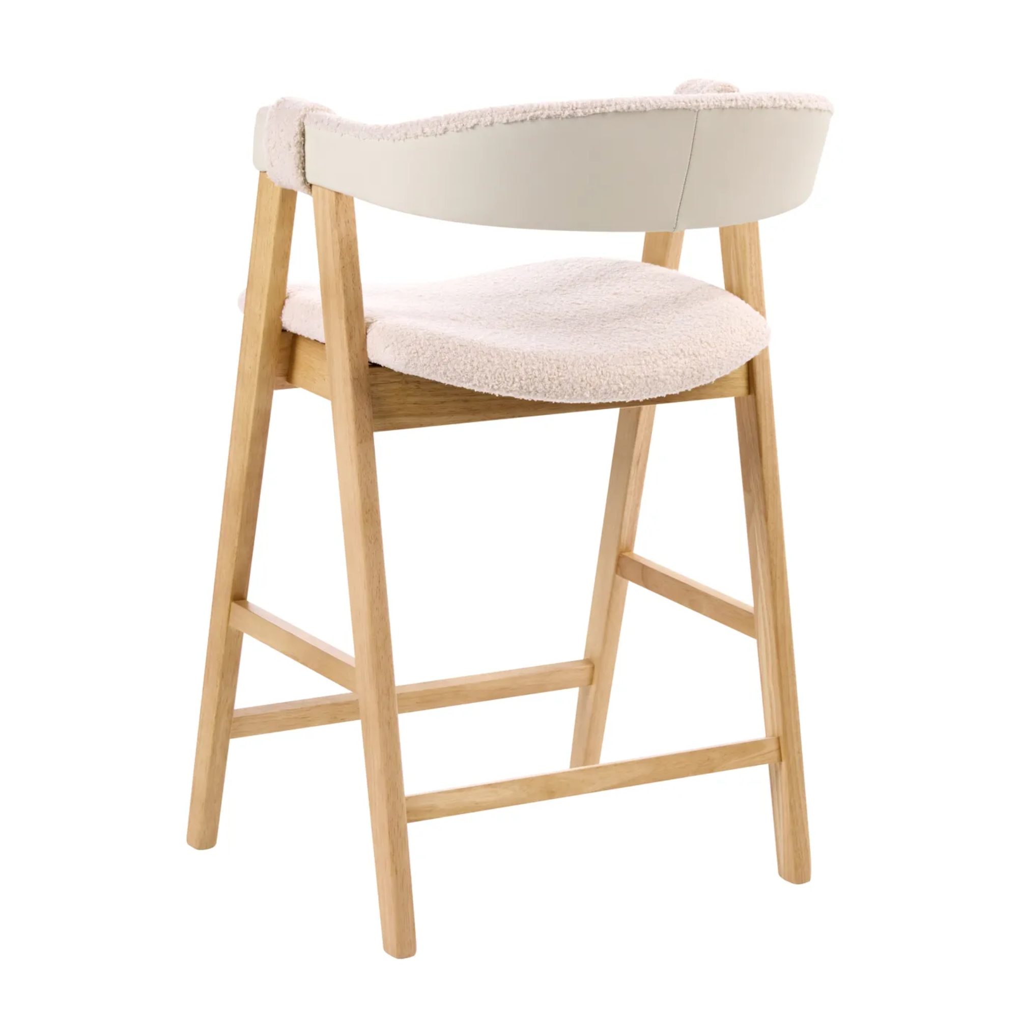 A modern wooden bar stool with a light natural wood frame and plush cream bouclé upholstery on the seat and curved backrest, shown against a solid white background.