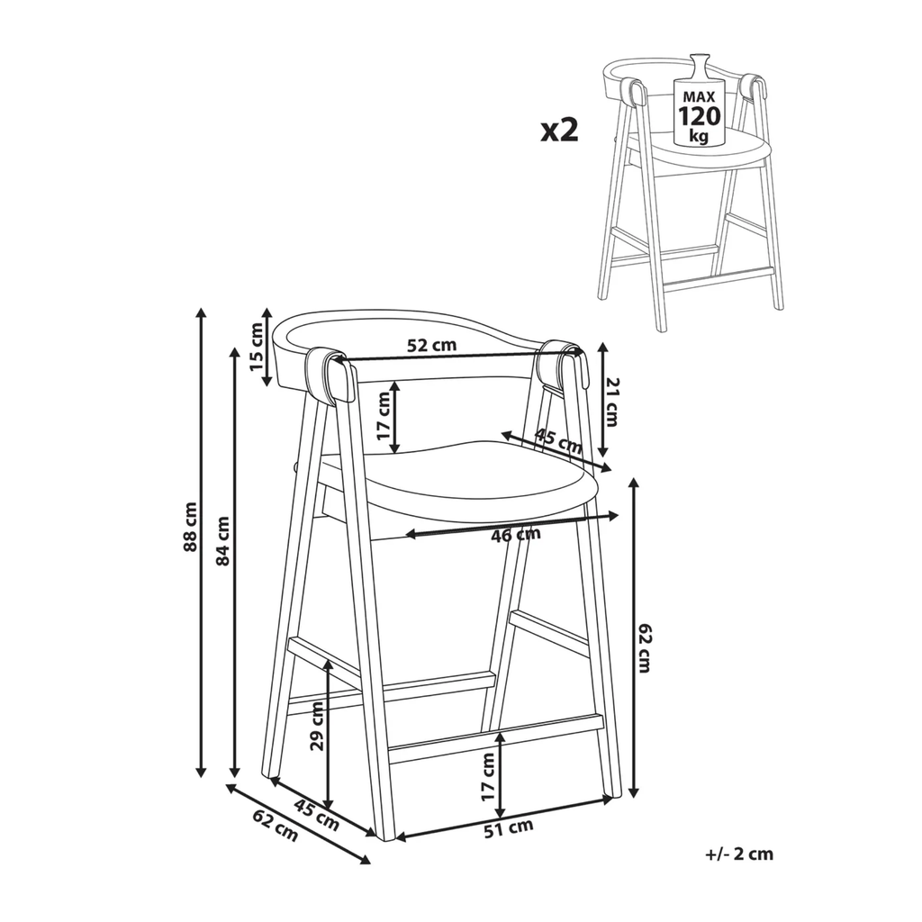 Black and white line drawing of a wooden high chair with multiple dimension measurements (heights, widths) and a small inset showing the chair from the back with a weight limit label of MAX 120 kg.