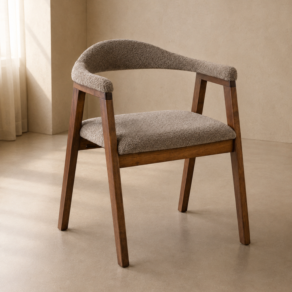 A modern wooden dining chair with a curved upholstered backrest and seat cushion, shown in a minimalist beige room with soft natural light.