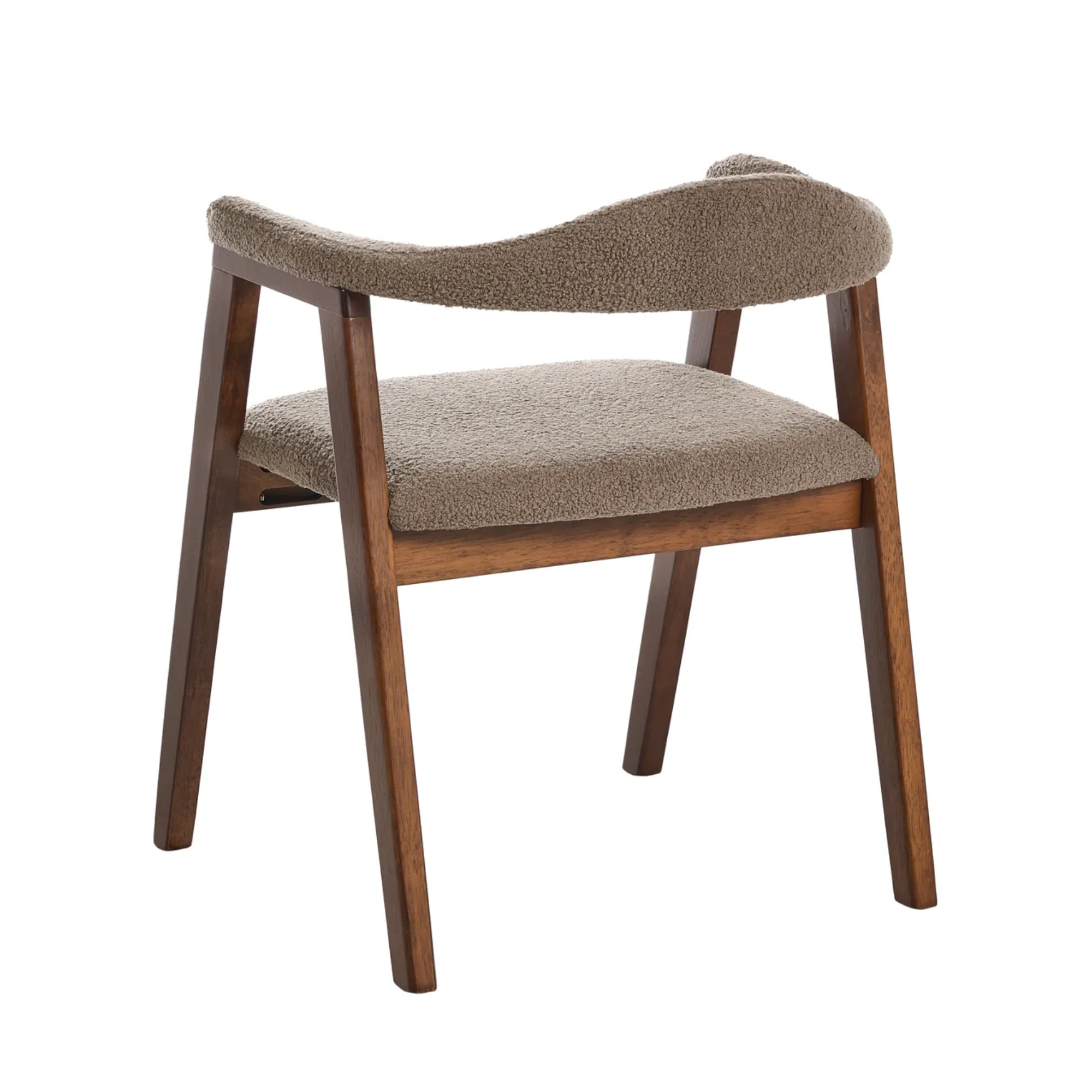 A modern dining chair with a curved wooden frame, medium brown legs, and a textured taupe-beige bouclé seat and backrest, shown on a plain white background.