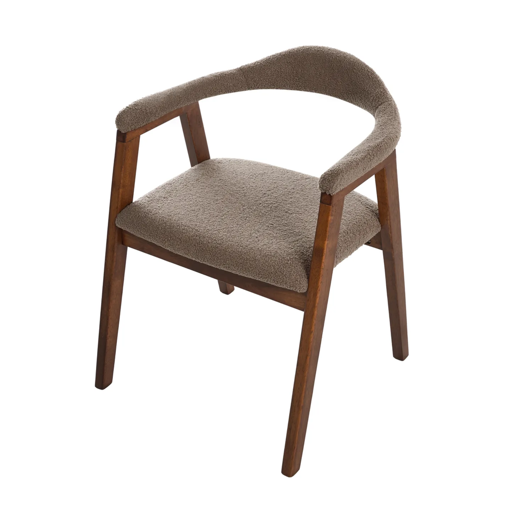 A modern dining chair with a curved wooden frame, armrests, and textured taupe fabric upholstery on the seat and backrest, shown against a plain white background.