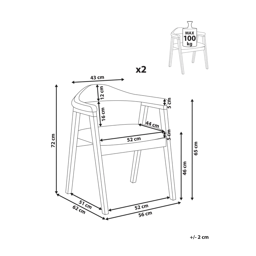 A line drawing schematic of a wooden chair with multiple dimension measurements labeled in centimeters, plus a small inset line drawing showing a vase on the chair and text reading MAX 100 kg.