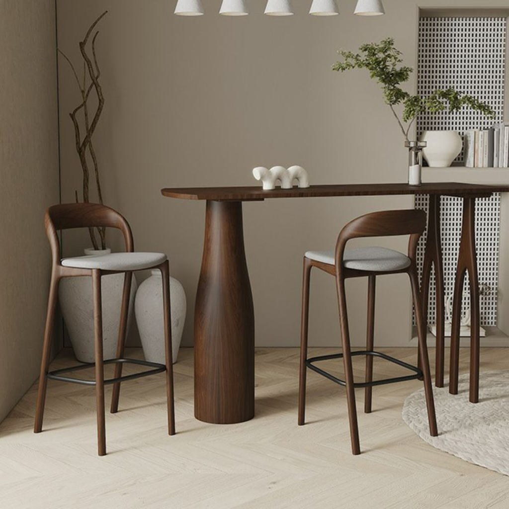 Dining area with wooden table and two Wooden Bar Stools with Grey Fabric Seat