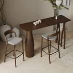 Wooden bar table with Wooden Bar Stools with a Grey Fabric Seat in a modern interior setting