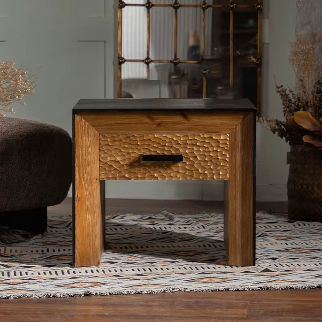 Bryony Dark Mango Wood Bedside Table With Textured Drawer with textured surface in a room setting
