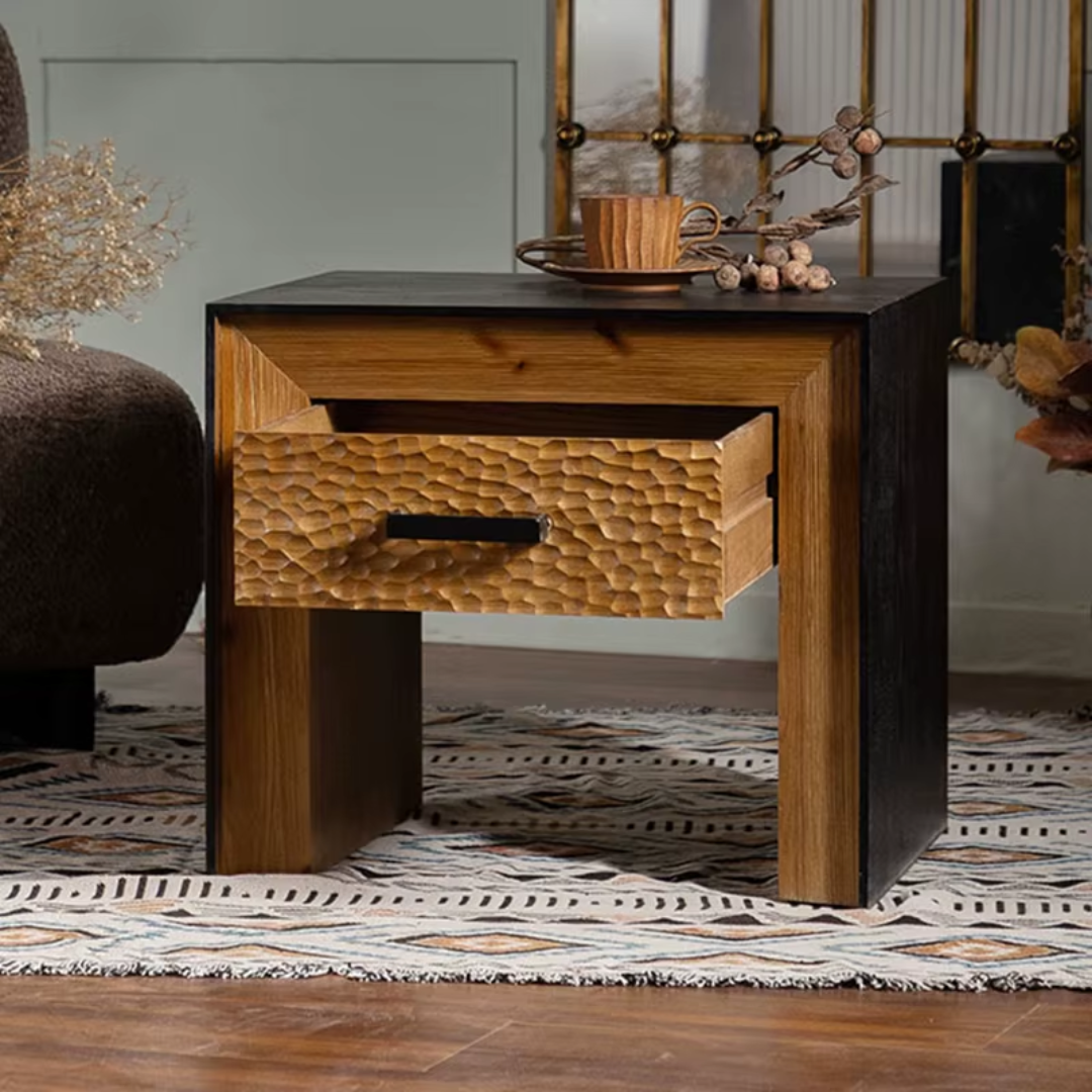 Bryony Dark Mango Wood Bedside Table With Textured Drawer open drawer view