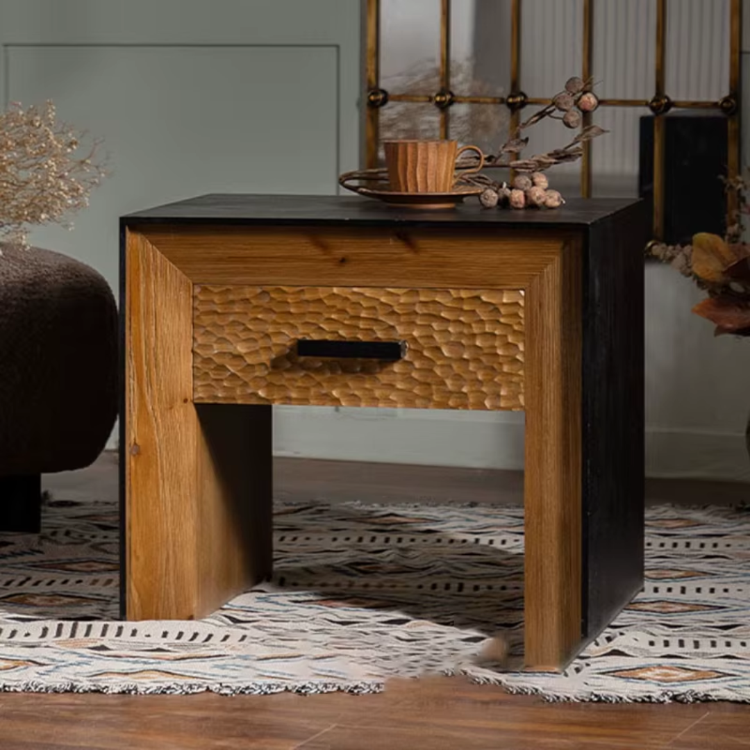Bryony Dark Mango Wood Bedside Table With Textured Drawer